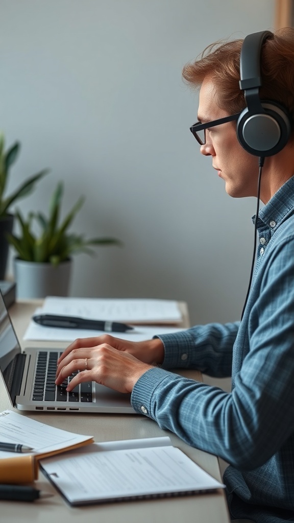 A person wearing headphones typing on a laptop, focused on transcription work.