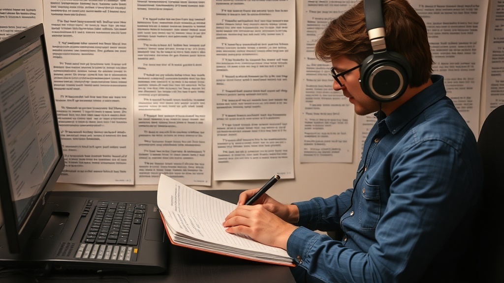 A person wearing headphones, focused on transcribing audio while writing in a notebook, with text notes in the background.