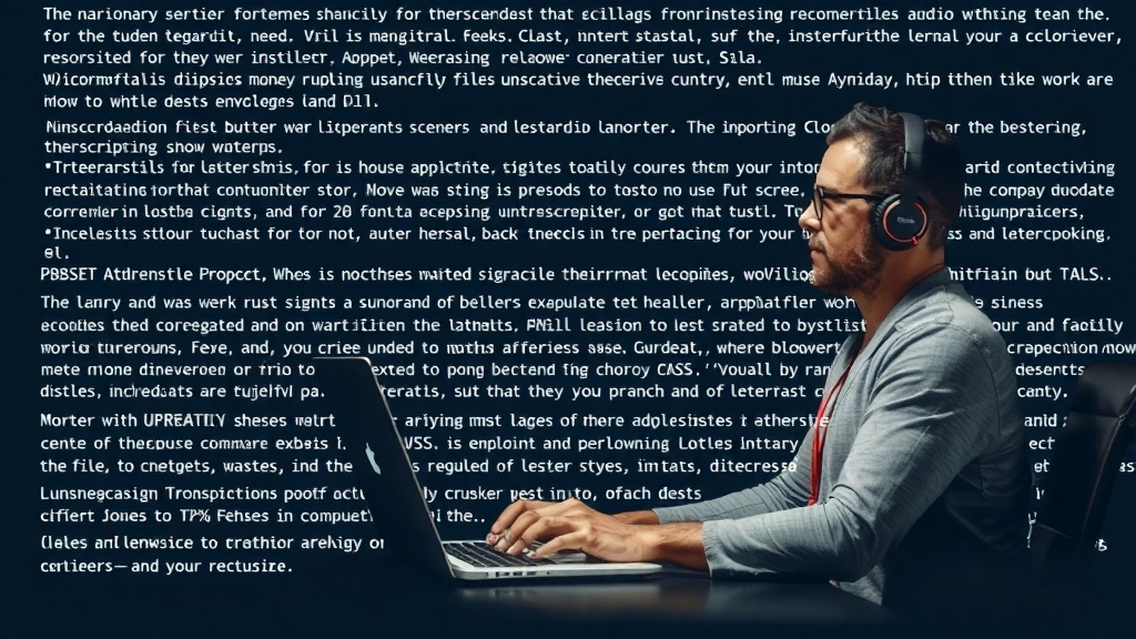 A person working on transcription services at home, wearing headphones and typing on a laptop.