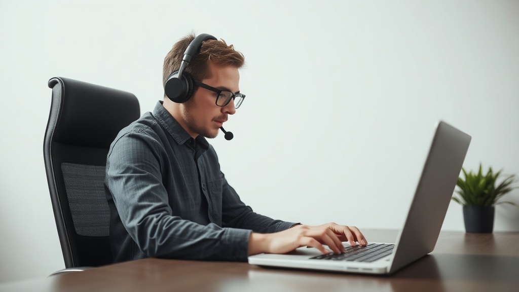 A focused individual wearing headphones, typing on a laptop at a desk.