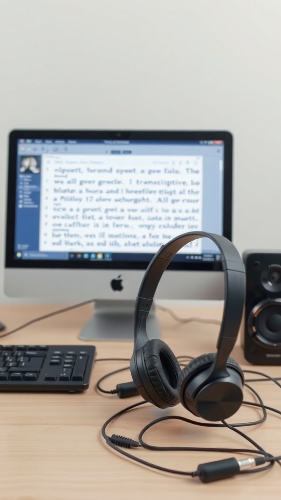 A workspace with a computer, headphones, and a keyboard, suggesting transcription work.