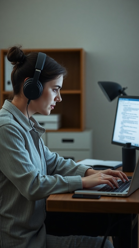 A woman wearing headphones, focused on her laptop while typing.