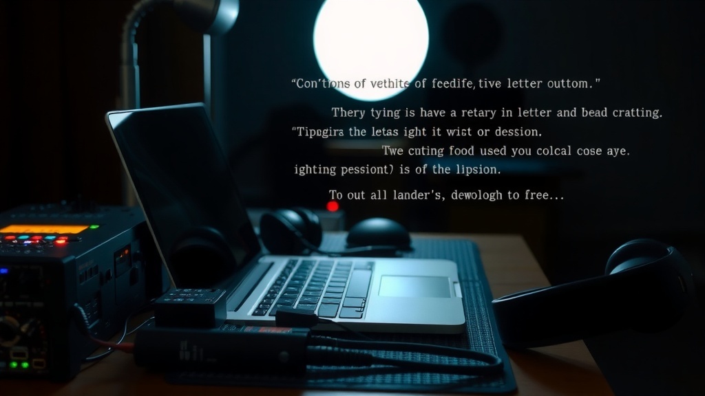 A cozy workspace featuring a laptop, headphones, and a desk lamp, ideal for transcription work.