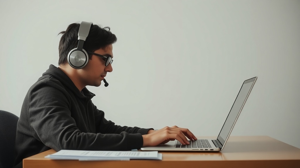 A person working on a laptop with headphones and a microphone, focused on transcription services.