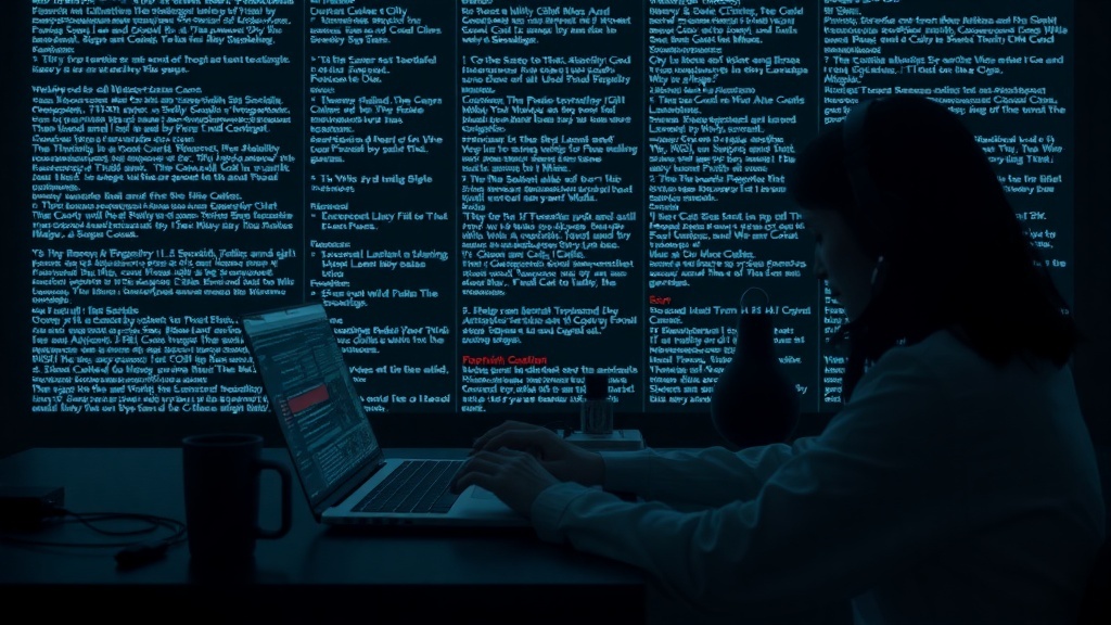 A person working on a laptop with text displayed on a screen, illustrating transcription services.