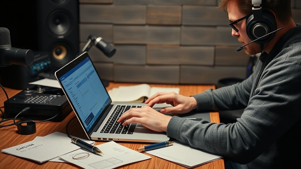 A person working on a laptop with a headset, focused on transcription tasks.