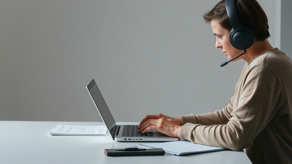A person using a laptop with headphones, focused on transcription work.