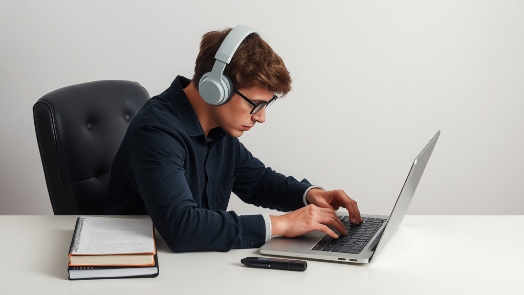 A focused young man wearing headphones, typing on a laptop at a desk with a notebook and pen.