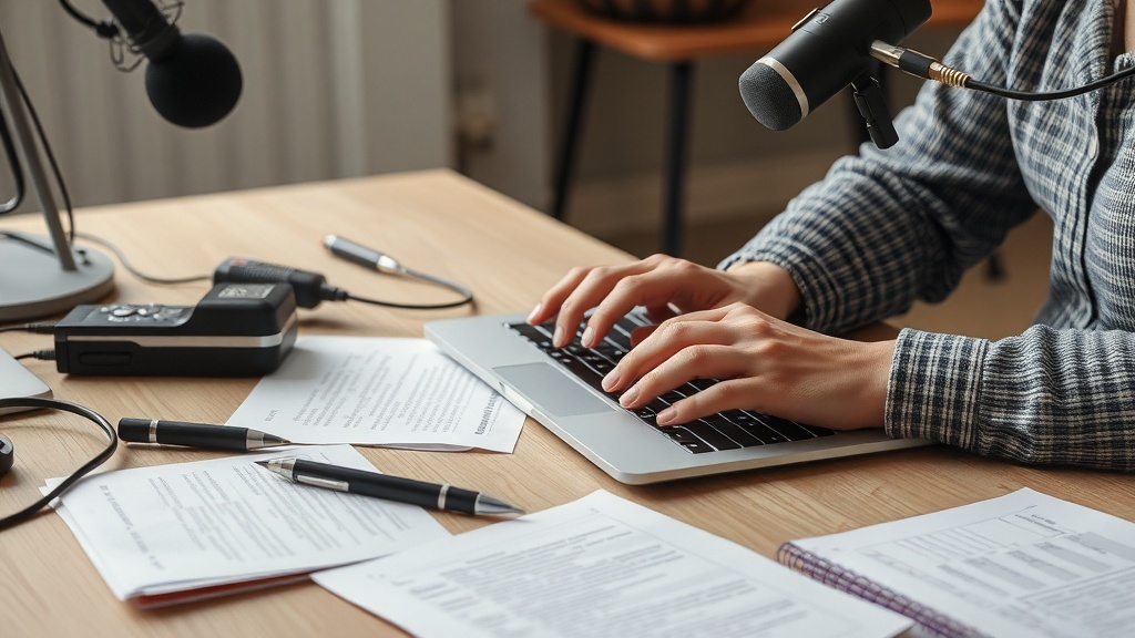 A person typing on a laptop with notes and recording equipment on a desk.