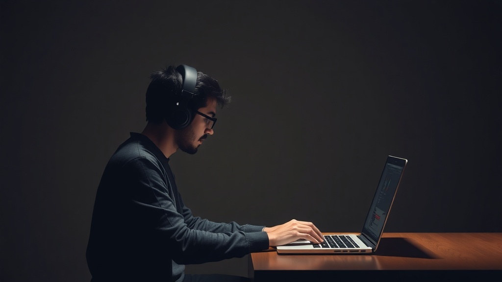 A person working on a laptop wearing headphones, focused on transcription work.