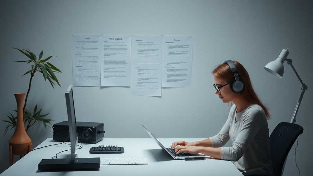 A focused woman working as a transcriptionist at a desk with a laptop and notes on the wall.
