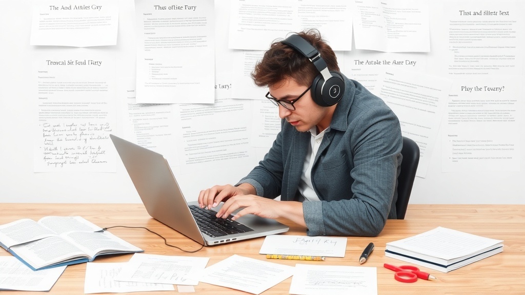 A focused individual working on a laptop with notes and documents around, representing a transcriptionist's workspace.