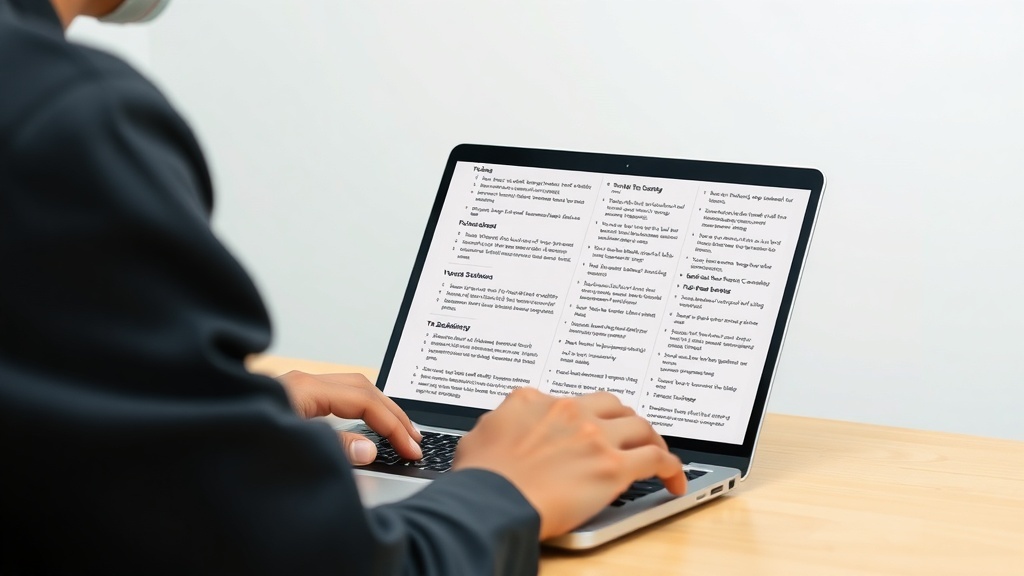 A person typing on a laptop with a document on the screen, possibly related to translation or content creation.