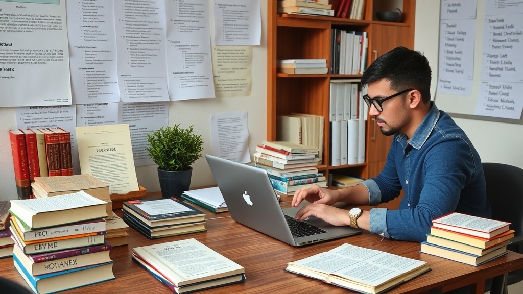 A person working on a laptop at a desk filled with books and notes, illustrating a quiet work environment for translation services.