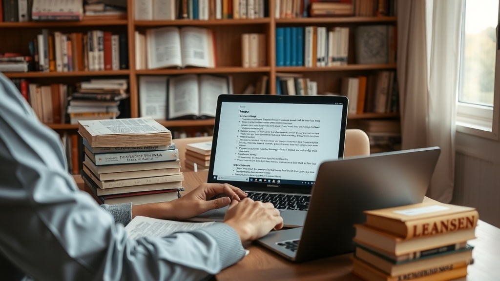A person typing on a laptop surrounded by stacks of books, representing the work of a translator.