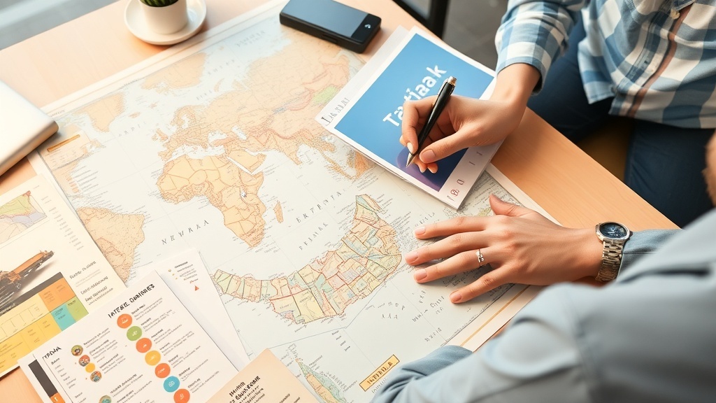 A person planning a trip with a map and travel guides on a table.