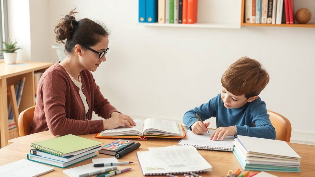 A tutor helping a child with their studies at a table filled with books and stationery.