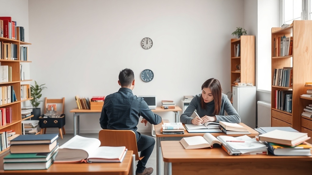 A tutor and a student studying together in a cozy study space with books around.