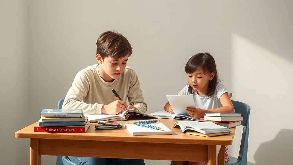 A teen tutoring a younger student at a desk with books and stationery.