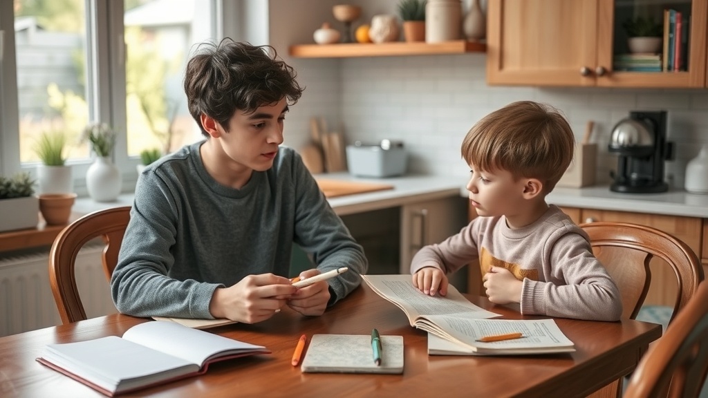 A teenager tutoring a younger student at a kitchen table with books and stationery.