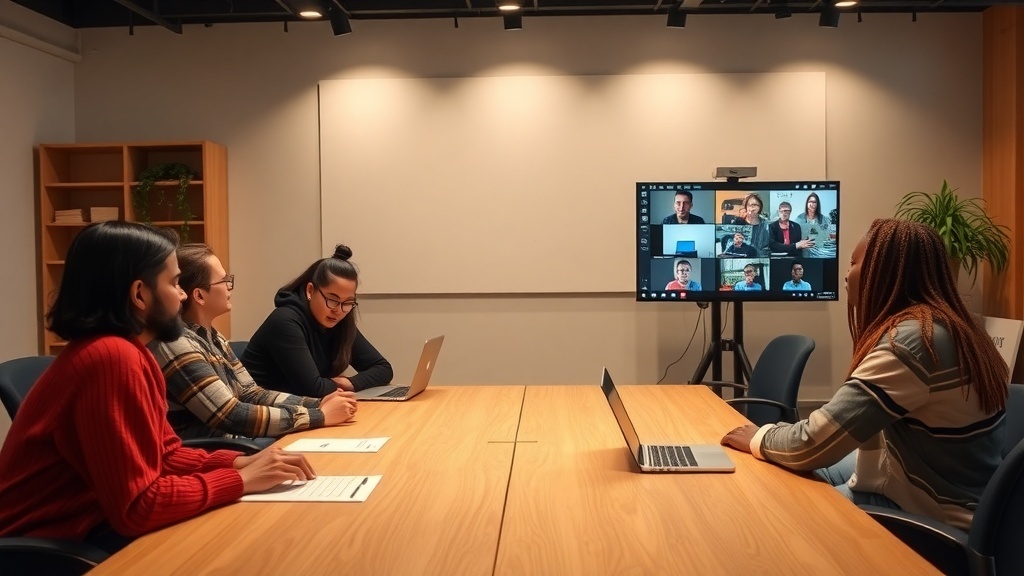 A focus group meeting with participants in a room and others on a screen.
