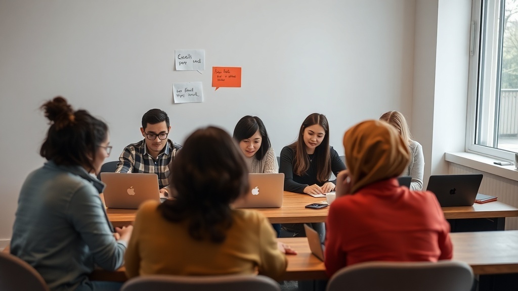 A group of people participating in a focus group discussion around a table with laptops.