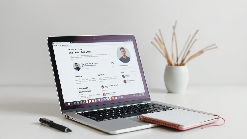A laptop displaying a user profile on a clean desk with a notebook and pen.