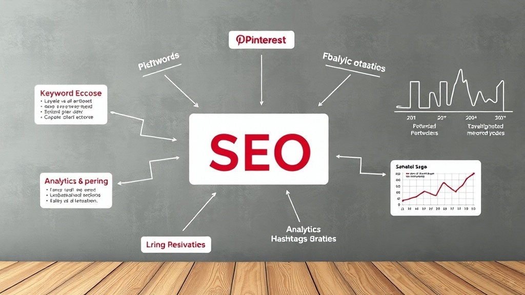 A visual representation of Pinterest SEO strategies, showcasing keywords, analytics, and engagement tactics.