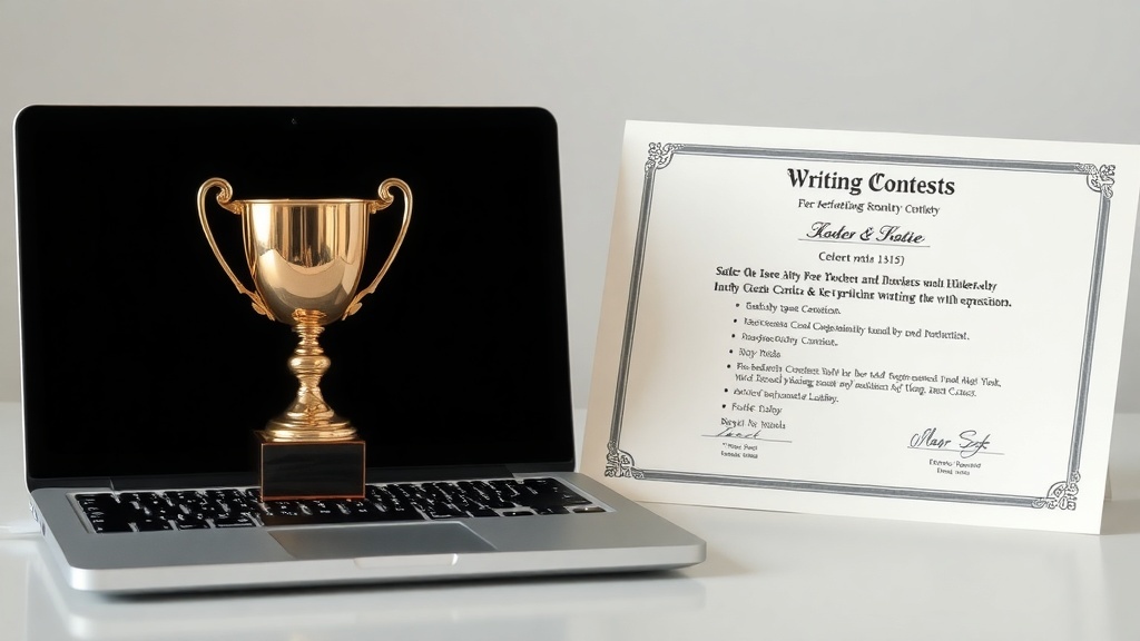 A trophy on a laptop next to a certificate for writing contests.