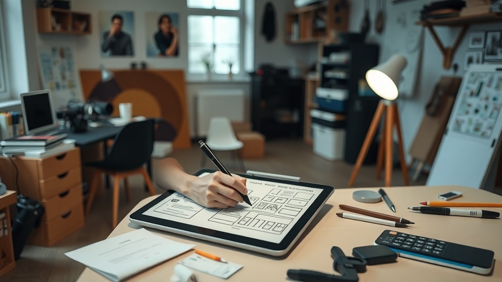 A workspace of a UX/UI designer with a hand sketching a layout on a tablet, surrounded by design tools and materials.