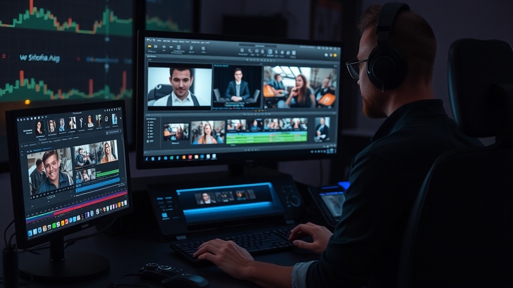 A video editor working on multiple screens with editing software.