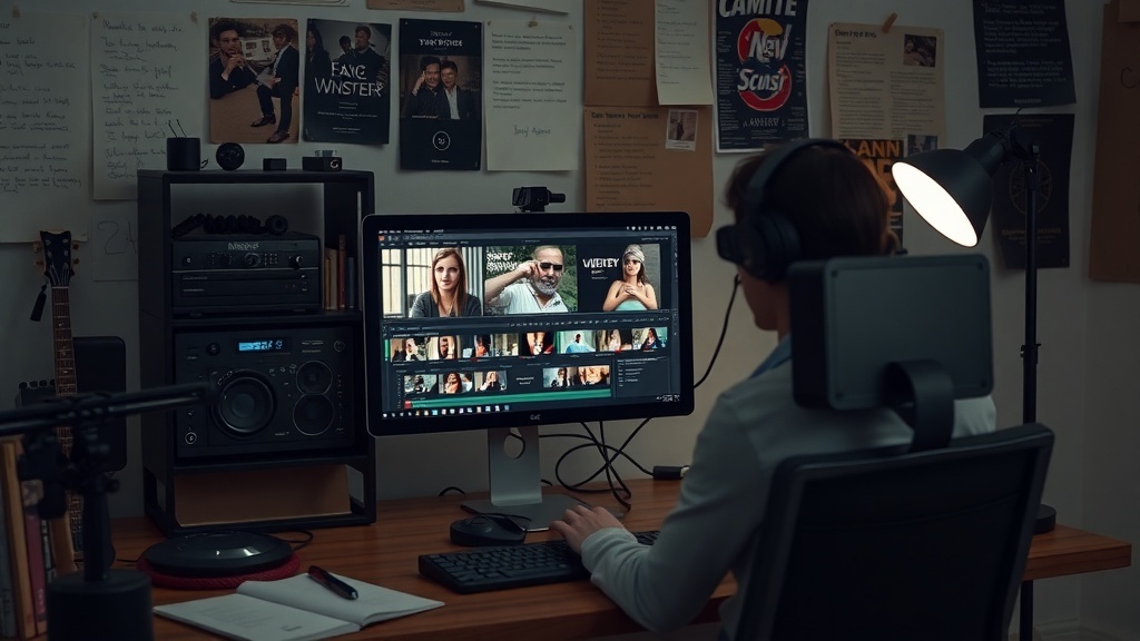 A person editing video on a computer in a home office setting, wearing headphones and focused on the screen.