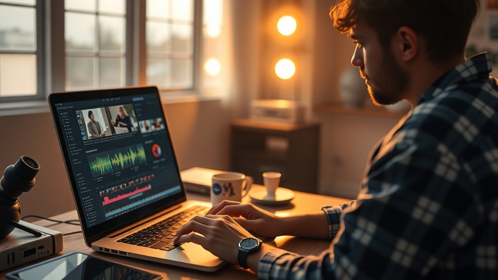 A focused individual editing video on a laptop in a cozy workspace.