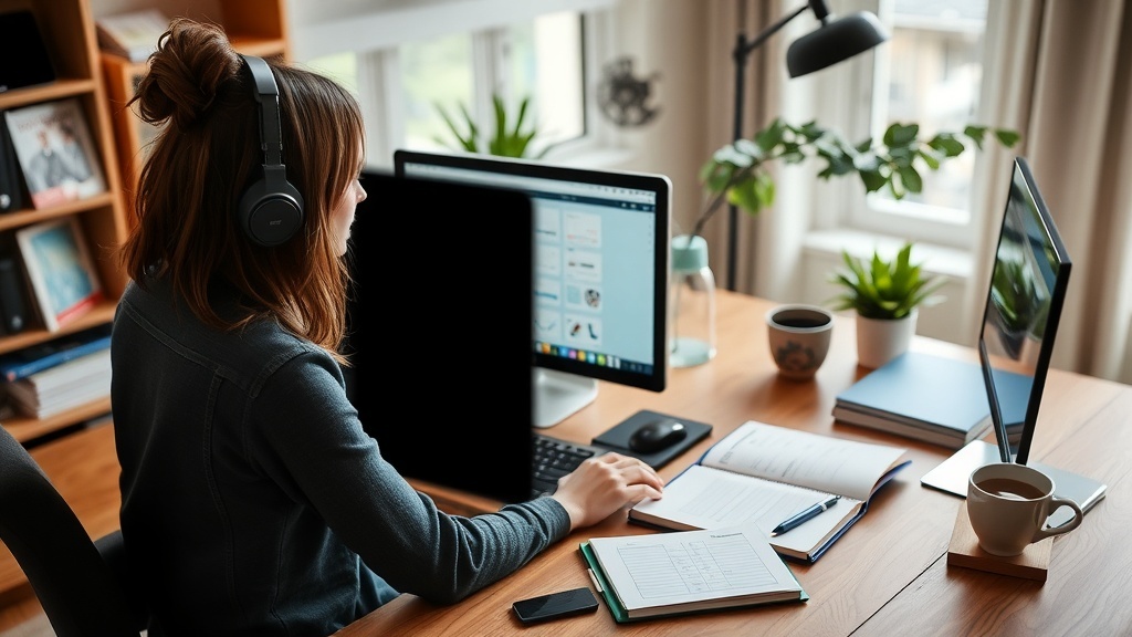 A person working as a virtual assistant at a desk with headphones, focused on a computer screen.