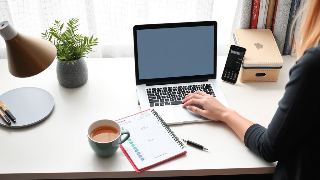 A cozy home office setup featuring a laptop, a cup of tea, a planner, and a plant.