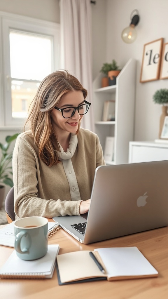 A woman working on a laptop at a desk with a cup of coffee and notepads.
