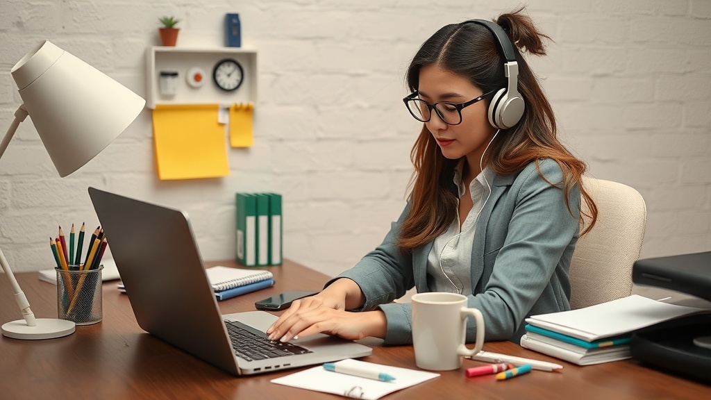 A focused woman working as a virtual assistant at her desk with headphones on.