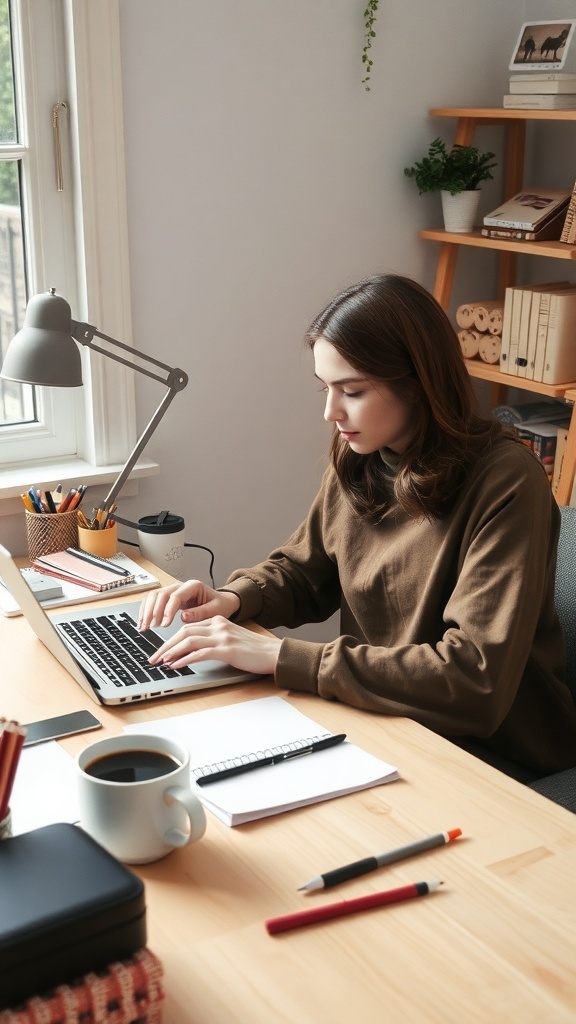A woman working on a laptop at a desk with coffee and stationery.