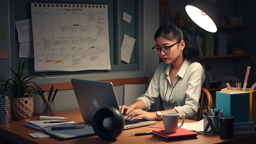 A focused woman working on a laptop at night in a cozy workspace with a calendar and stationery.