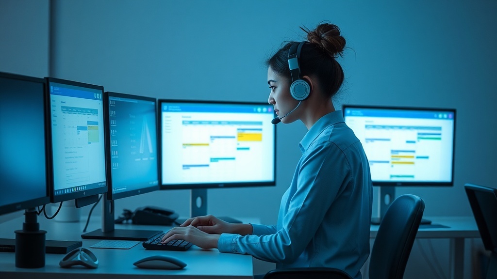 A focused individual working as a virtual assistant with multiple computer screens and a headset.