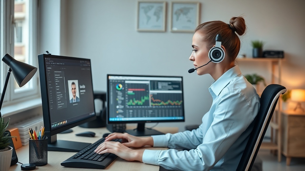 A focused woman working as a virtual assistant at her desk with dual monitors and a headset.