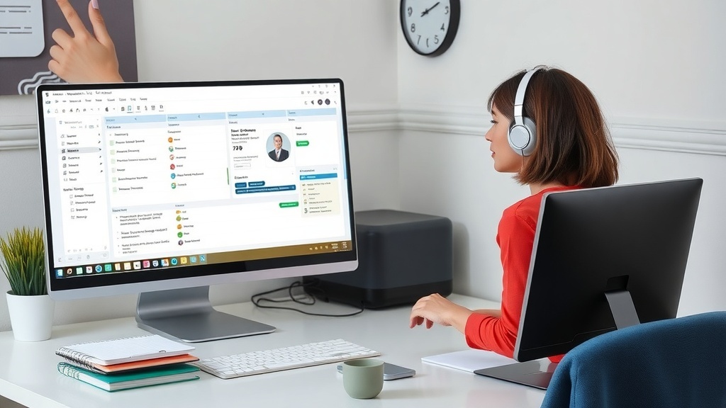 A person working as a virtual assistant in a home office, focused on their computer with headphones on.