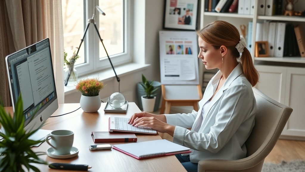 A focused individual working as a virtual assistant at a tidy desk with a computer and plants.