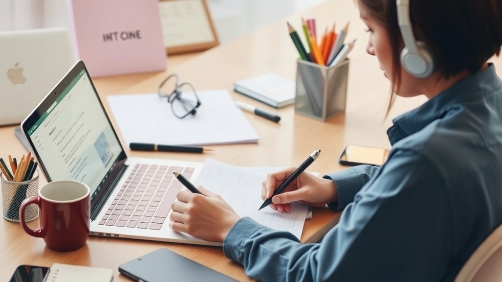 A person working as a virtual assistant at a desk with a laptop, notepad, and coffee.