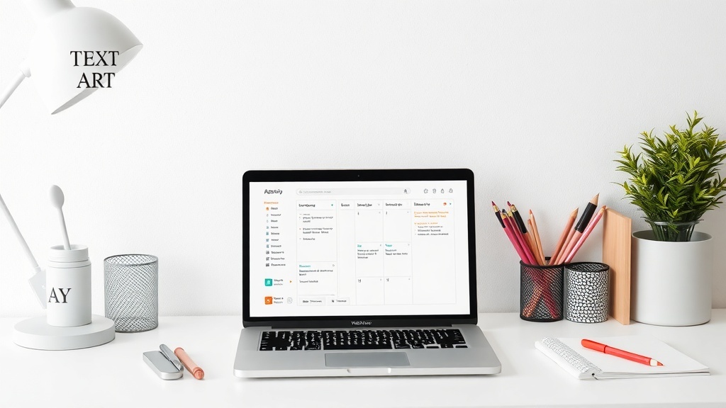 A modern workspace with a laptop, planner, and stationery items, representing virtual assistant services.