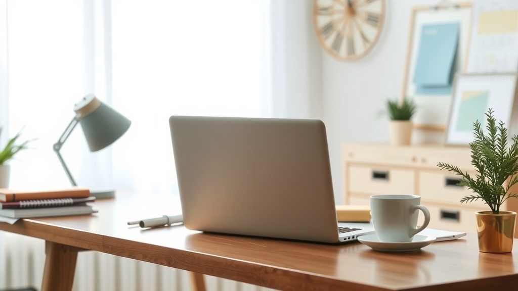 A cozy workspace featuring a laptop, a cup of coffee, and a plant, ideal for virtual assistant work.