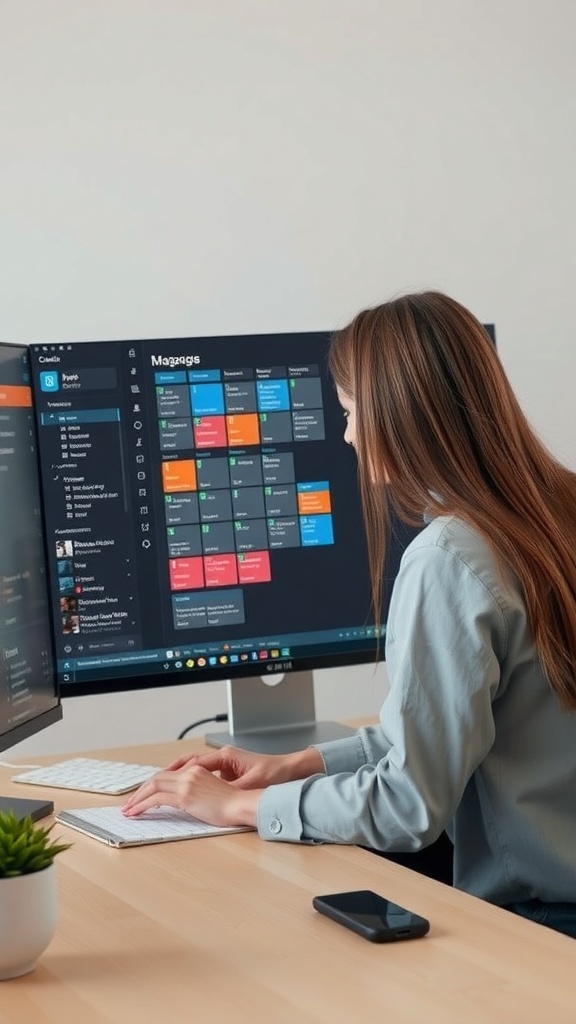 A person working as a virtual assistant on a computer with multiple screens.