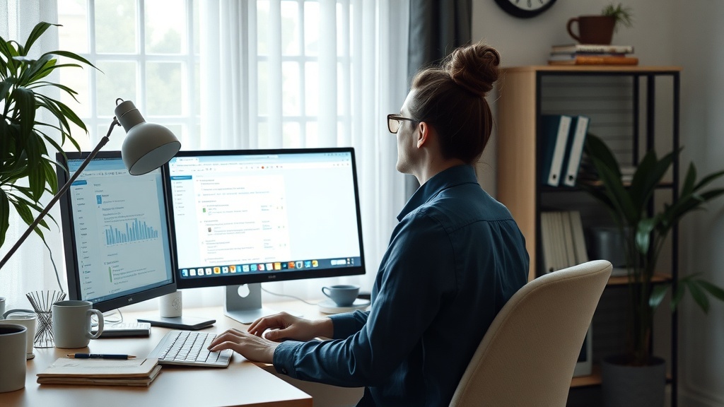 A person working as a virtual assistant at a desk with two computer screens, a plant, and coffee.