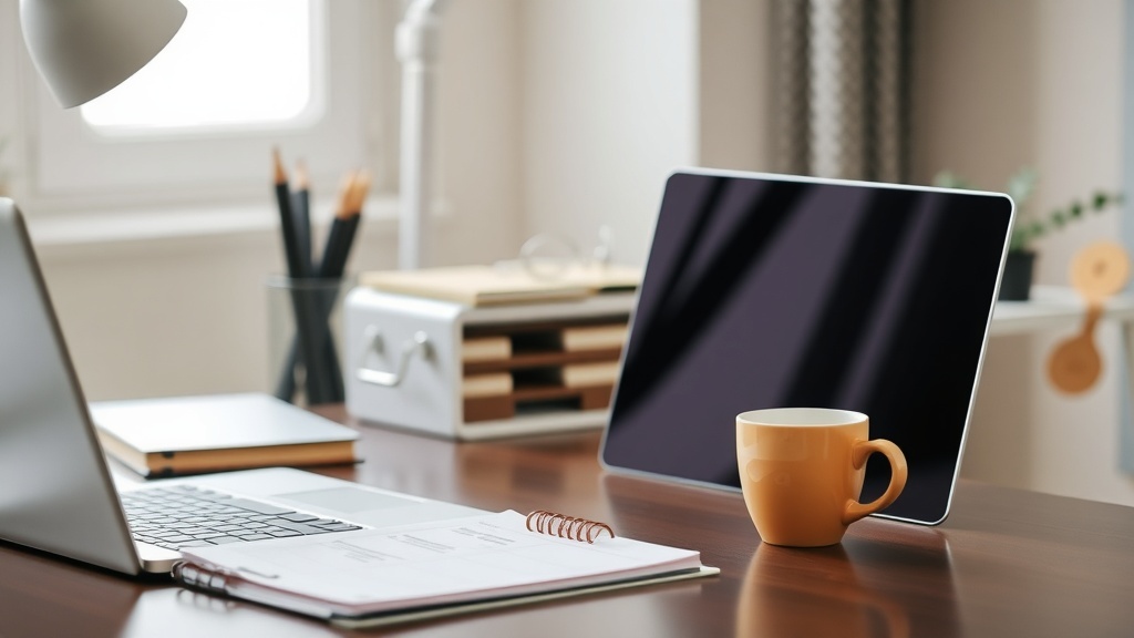 A cozy home office setup with a laptop, tablet, and a cup of coffee on a wooden desk.
