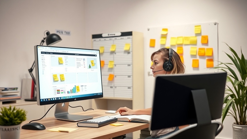 A person working as a virtual assistant at a desk with a computer and headset, surrounded by sticky notes and a calendar.